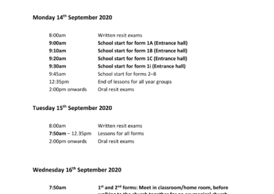 Dates for School Start 2020/2021